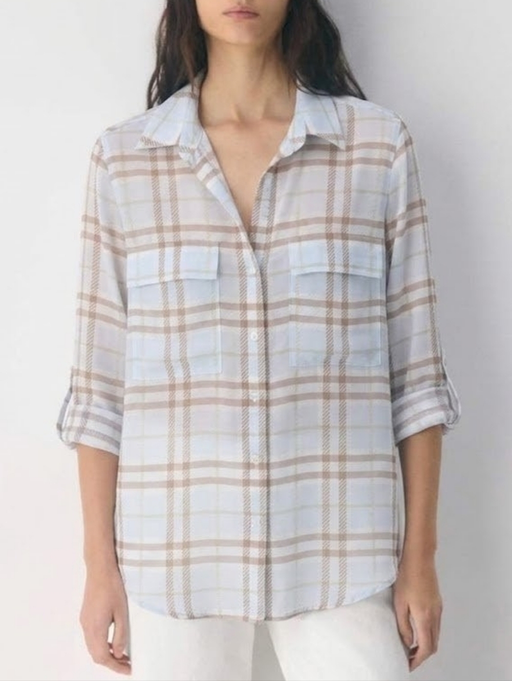 Aritzia Babaton Utility Shirt Medium Sheer Plaid Button Down Collar Officewear